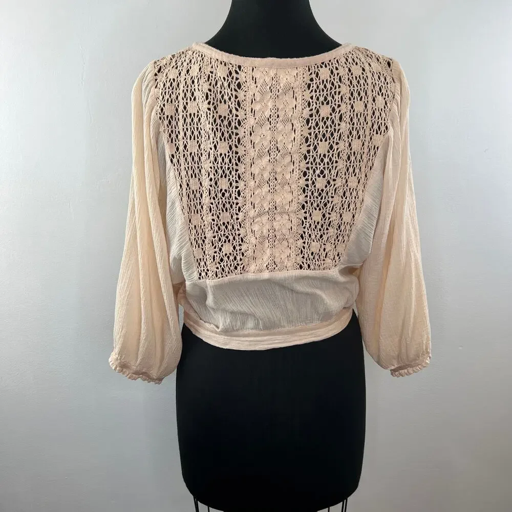 FREE PEOPLE Beige Crochet Lace Button-Up Long Sleeve Blouse Tie Hem Boho Sheer M